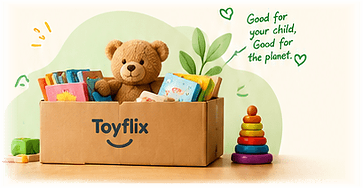 A Toyflix box packed with books, a teddy bear and a stacking toy